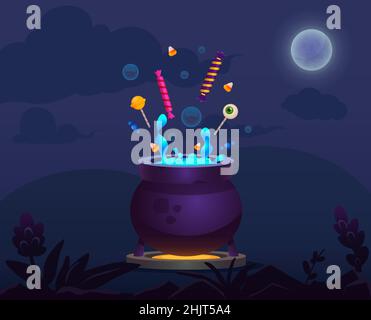 Cartoon Hexer Topf mit magischen Flüssigkeit und Süßigkeiten. Halloween-Artikel auf Nacht Hintergrund Stock Vektor