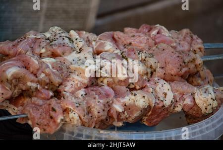 Saftig eingelegtes Fleisch auf Spieße aufgereiht, rohes Barbecue, Picknick mit Freunden Stockfoto