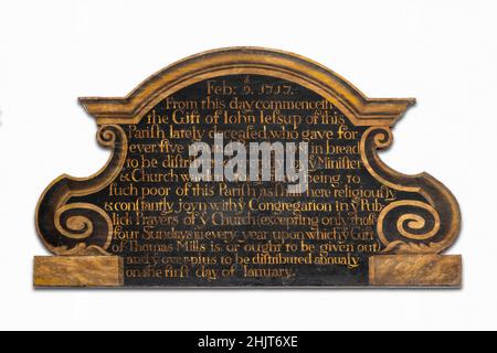 Die Gedenktafel von John Jessup im Inneren der St. Peter and St. Paul Church, Pettistree, Suffolk, Großbritannien Stockfoto