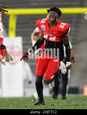 Menifee, Kalifornien, USA. 29th Januar 2022. Jan 29, 2022; Pasadena, CA USA; Nationalspieler TRENTON THOMPSON (22) reagiert auf den Sieg des Teams beim Rose Bowl Final Score Nationalmannschaft: 25 Amerikanisches Team:24 Pflichtgutschrift Zuma Press. (Bild: © Ardie Crenshaw/ZUMA Press Wire) Stockfoto