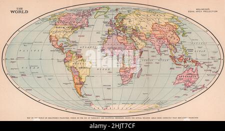 Weltkarte auf Mollweides Projektion, die durch Parallels & Elliptische Meridiane relative Bereiche korrekter als die Projektion von Mercator zeigt (1923) Stockfoto