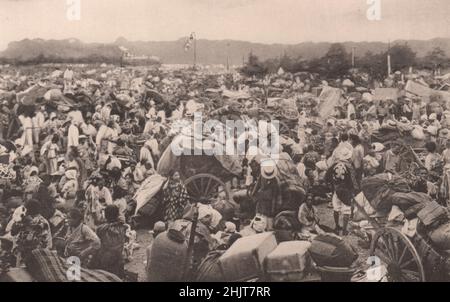 Erdbeben in Japan 1923: Menschenmenge von Flüchtlingen, die vor dem Nijubashi (Haupteingang des Kaiserpalastes) auf freiem Boden strömen Stockfoto