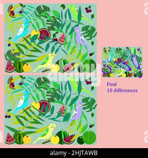 Finden Sie 10 Unterschiede rebus für Kinder unter 6 Jahren, dargestellt nach Jahreszeiten Stock Vektor