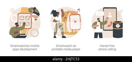 Wearable Devices Abstract Concept Vector Illustration Set. Smartwatches Entwicklung von mobilen Apps, Smartwatch als tragbarer Mediaplayer, Freisprechfunktion, Sprachbefehlungen abstrakte Metapher. Stock Vektor