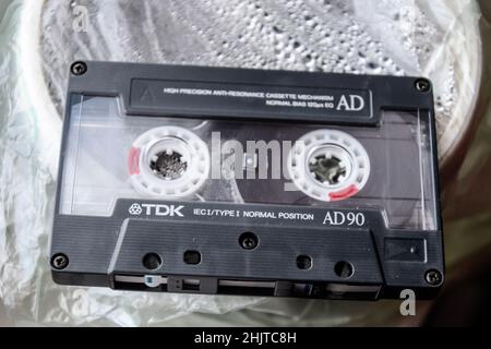 Vintage-Audiokassette. Retro-Musikmedium, Kassette. Ein Retro Stockfoto