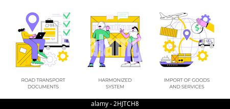 International Logistics Abstract Concept Vektor Illustration Set. Dokumente für den Straßenverkehr, harmonisiertes System, Import von Waren und Dienstleistungen, CMR, HTS-Code-Service, Handelswaren abstrakte Metapher. Stock Vektor