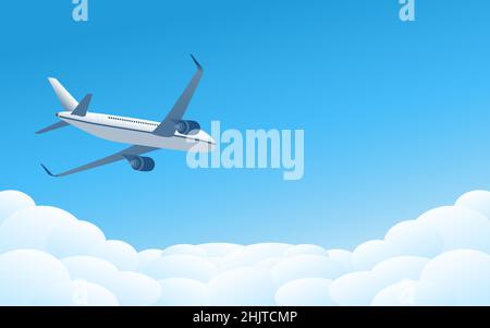 Kommerzielles Düsenflugzeug, das über Wolken mit blauem Hintergrund fliegt - Vektor-Illustration Stock Vektor