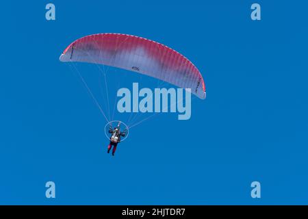 Paramotor (motorbetriebener Gleitschirm) in einem blauen Himmel, Großbritannien Stockfoto