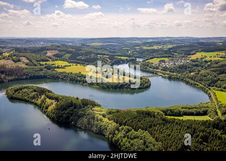 Luftaufnahme, Biggesee, Stade Landzunge, Eichhagen Dorfansicht, Olpe, Sauerland, Nordrhein-Westfalen, Deutschland, Biggetalsee, DE, Europa, Hof Stade, Stockfoto