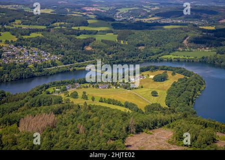 Luftaufnahme, Biggesee, Stade Landzunge, Eichhagen Dorfansicht, Olpe, Sauerland, Nordrhein-Westfalen, Deutschland, Biggetalsperre, DE, Europa, Hof Stade Stockfoto