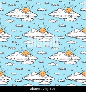 Nette Wolke und Sonne nahtlose Muster Vektor Hintergrund. Lächelnde Sonne Kinder Illustration isoliert auf blauem Himmel. Sommerhintergrund. Lustiges Design für Kinder und Babykleidung. Stock Vektor