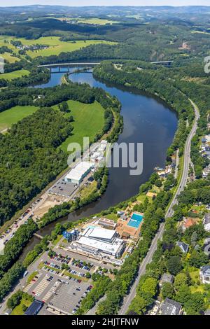 Luftaufnahme, Biggesee, oberer See, Freizeitbad Olpe, Olpe Stadt, Olpe, Sauerland, Nordrhein-Westfalen, Deutschland, Badeanstalt, Badeanstalt Stockfoto