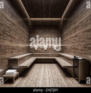 finnisches Sauna-Modell im dunklen, modernen Design, 3D Rendering, 3D Illustration Stockfoto