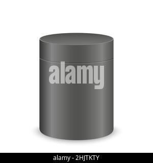 Schwarzes Zylindergehäuse. Verpackungsmockup aus Kunststoff, Zinn oder Karton für Produktdesign. Behälter für Geschenk, Tee, Kaffee, Lebensmittel isoliert auf weißem Hintergrund. Vektor-realistische Darstellung. Stock Vektor