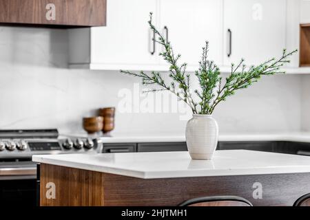 Moderne Küche und Esszimmer im mittleren Jahrhundert mit schwarzen Schränken, weißen Schränken, weißen Quarz- und Walnussakzenten Stockfoto