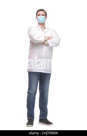 Porträt eines kaukasischen Arztes mit Schutzhandschuhen und Maske Stockfoto