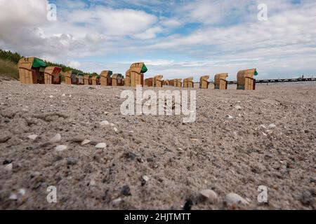 Liegestühle aus Deutschland stehen in Reihen an einem Sandstrand, bodenebenes Weitwinkelobjektiv. Stockfoto