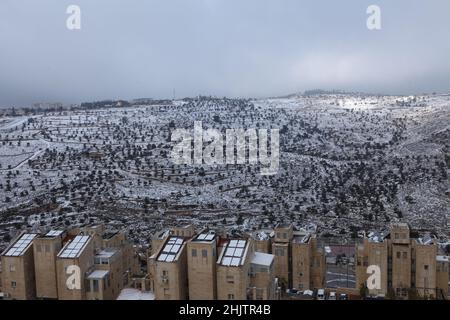 Schnee in Jerusalem und den umliegenden Bergen Stockfoto