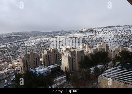 Schnee in Jerusalem und den umliegenden Bergen Stockfoto