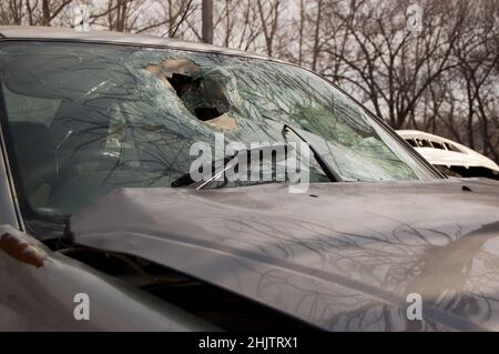 Gebrochene Windschutzscheibe und zerknitterte Motorhaube des Fahrzeugs, die an einem Unfall beteiligt war. Stockfoto