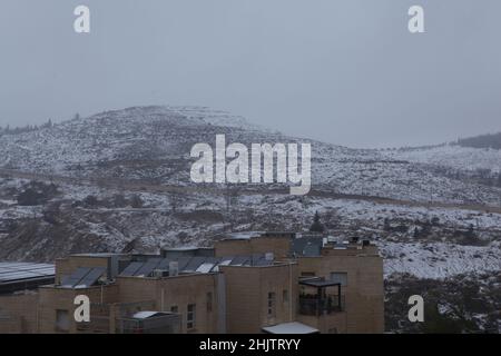 Schnee in Jerusalem und den umliegenden Bergen Stockfoto