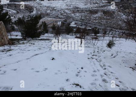 Schnee in Jerusalem und den umliegenden Bergen Stockfoto