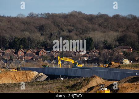 West Hyde, Großbritannien. 31st. Januar 2022. Bauarbeiten in der Nähe des Südportals für den Abschnitt des Chilterner Tunnels der Hochgeschwindigkeitsstrecke HS2. Zwei 2.000-Tonnen-Tunnelbohrmaschinen werden zum Bau des 10-Meilen-Chiltern-Tunnels unterhalb der Chiltern Hills eingesetzt, der der längste Tunnel auf der Route HS2 zwischen London und den West Midlands sein wird. Kredit: Mark Kerrison/Alamy Live Nachrichten Stockfoto