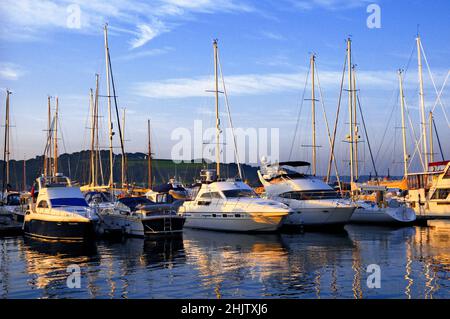 Motoryachten, die in Port Pendennis Marina, Falmouth, Cornwall, England, Großbritannien, festgemacht sind Stockfoto