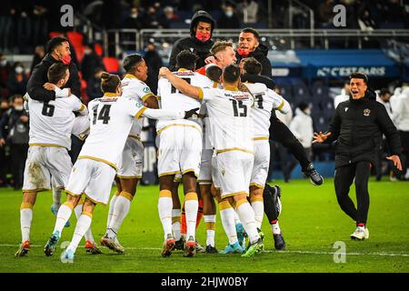 Paris, Frankreich. 31st Januar 2022. Das Team von Nizza feiert den Sieg während des Fußballspiels der französischen Fußballmeisterschaft zwischen Paris Saint-Germain und dem OGC Nizza am 31. Januar 2022 im Stadion Parc des Princes in Paris, Frankreich - Foto Matthieu Mirville/DPPI Credit: DPPI Media/Alamy Live News Stockfoto