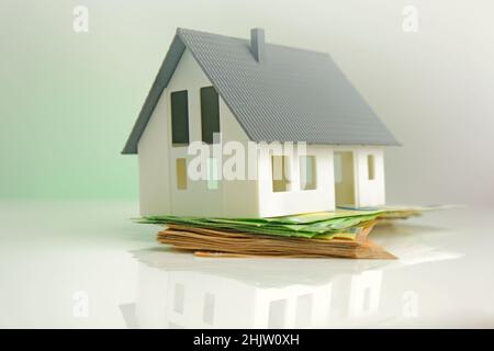 Kauf und Bau eines Hauses.Immobilienmarkt. Haus mit grauem Dach.Immobilienmarkt.Haus und Geld Stockfoto