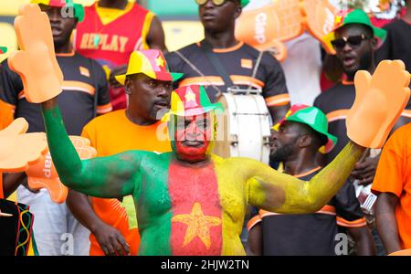 Yaoundé, Kamerun, 13. Januar 2022: Fans während des Kamerun gegen Äthiopien – Afrika-Cup der Nationen im Olembe-Stadion. Kim Price/CSM. Stockfoto