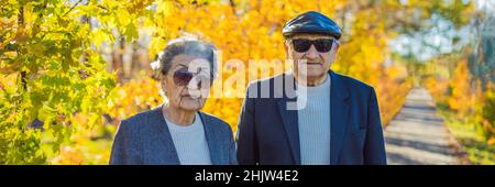 Rentner in Sonnenbrille in den Wald. Rentner wie Gangster BANNER, LANGE FORMAT Stockfoto