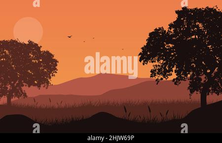 Fantastische Aussicht auf die Berge mit Wald aus dem Land in der Abenddämmerung am Nachmittag.Vektor-Illustration einer Stadt Stock Vektor