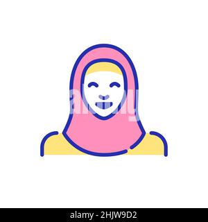 Eine lächelnde muslimische Frau, die einen Hijab trägt. Eine Person arabischer ethnischer Gruppe. Pixel perfekte, editierbare Kontur Spaß Farbe Avatar Symbol Stock Vektor