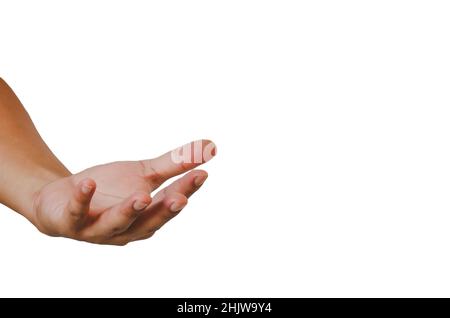 Männliche Hände auf weißem Hintergrund.Platz kopieren. Stockfoto