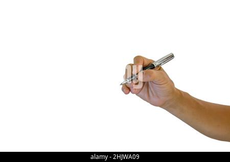 Hand hält einen Stift auf weißem Hintergrund Stockfoto