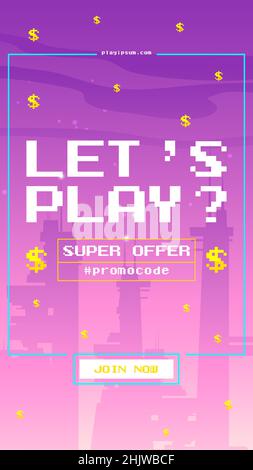 Lasst uns Pixel-Art-Webbanner für Casino- oder Glücksspiel-Club-Spiele spielen. Dollar-Regen fällt auf neon-ultraviolette futuristische Stadtgebäude. Super-Angebot-Aktion, Promocode, Einladung Vector mobile App Bildschirm Stock Vektor
