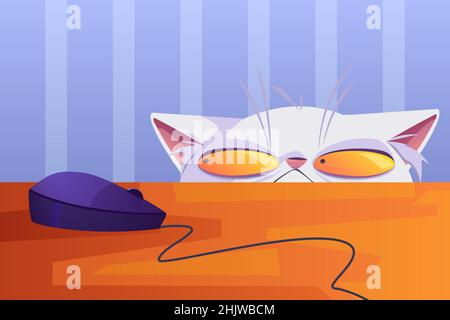 Katzenjagd auf Computermaus, die auf dem Tisch liegt. Cartoon neugierige Haustier mit weißem Fell und schielenden gelben Augen aus unter dem Tisch Blick auf elektronische Gerät von Laptop, Vektor-Illustration Stock Vektor