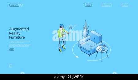 Möbelbanner mit Augmented Reality. AR-Technologien, intelligente App für Mobiltelefone mit virtuellem Innenraumkatalog. Vektor Landing Page mit isometrischem Mann mit Smartphone, Sessel und Tisch Stock Vektor