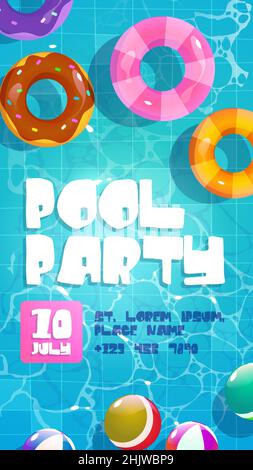 Pool Party Poster, Sommer Hintergrund mit bunten aufblasbaren Ringen und Kugeln schweben im Schwimmbad Draufsicht. Cartoon Einladungsflyer, Karte für Sommerurlaub Unterhaltung, Vektor-Illustration Stock Vektor