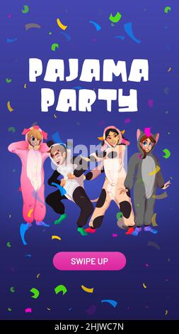 Schlafanzug Party Cartoon Web-Banner, Einladung. Menschen in Kigurumi-Tieranzügen freuen sich über herabfallende Konfetti. Teenager tragen Kostüme Katze, Kuh und Panda, Schwein Vector mobile App Onboard-Seite Stock Vektor