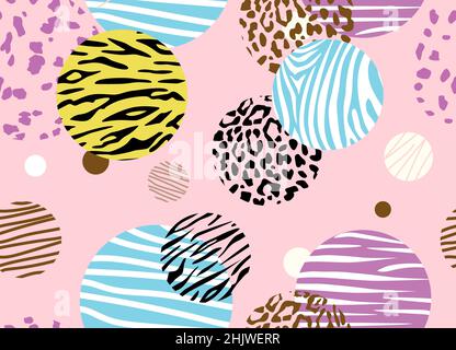 Abstraktes geometrisches Nahtmuster mit Tierdruck und Kreisen. Moderne handgezeichnete Texturen rosa Farbe. Stock Vektor