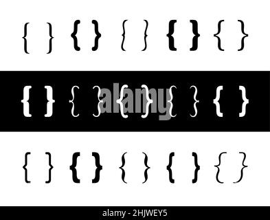 Großes Set schwarz und weiß verschiedene geschweifte Klammern. Geschweifte Klammern auf weißem und schwarzem Hintergrund. Stock Vektor