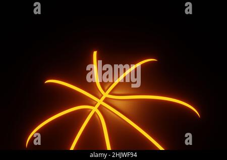 Schwarzer Basketball mit orange leuchtenden Nähten auf dunklem Hintergrund, 3D Rendering Stockfoto