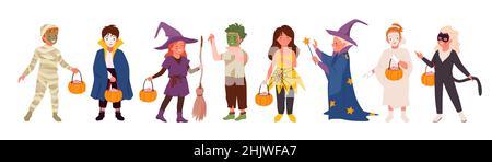 Halloween Party Kind Zeichen gesetzt, glücklich Kinder Vektor Illustration. Niedliche Mädchen Jungen in lustigen Monster Kostümen behandeln Kürbis an Halloween in den Händen Stock Vektor