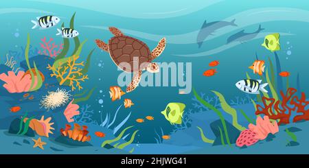 Schildkröte in See- oder Ozeangewässern, Vektorgrafik tropischer Unterwasserwelt. Cartoon Wassertiere und Fische schwimmen, niedliche Korallenriff und Stock Vektor