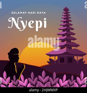 Nyepi Illustration Gruß. balis Tag der Stille mit betenden Menschen Stock Vektor