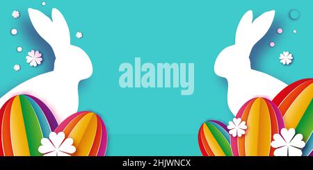 Frohe Osterhasen Banner. Süßes Häschen mit papiergeschnittenen Eiern und Blumen. Trendiges Osterdesign. Moderner Papierschnitt. Frühling. Poster Stock Vektor