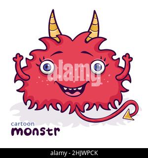 Niedliches Monster, lustige Zeichentrickfigur, bunte Handzeichnung. Fröhliche rote, flauschige Märchengestalt, lächelnd, mit Hörnern und Schwanz isoliert auf weißem Ba Stock Vektor