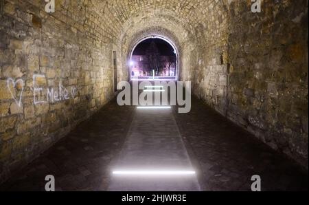 Hildesheim, Deutschland. 01st. Februar 2022. Der Name 'Emelie' mit zwei Herzen steht auf einer Wand in einer Unterführung am Hildesheimer Dom. Quelle: Julian Stratenschulte/dpa/Alamy Live News Stockfoto